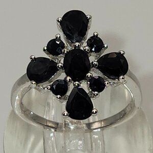.925 Sterling Black Sapphire Ring Floral Design Size 6.5 Value $550